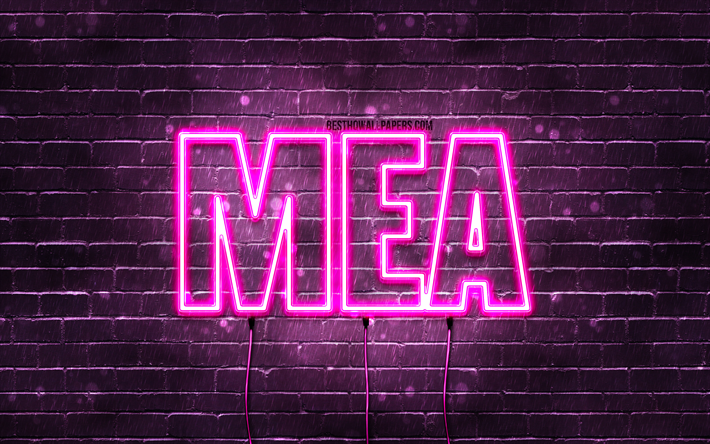 mea, 4k, hintergrundbilder mit namen, frauennamen, mea-namen, lila neonlichter, mea-geburtstag, happy birthday mea, beliebte italienische frauennamen, bild mit mea-namen