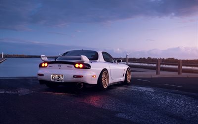 Mazda RX-7, rear view, exterior, white sports coupe, RX-7 tuning, FD3S, Japanese sports cars, Mazda