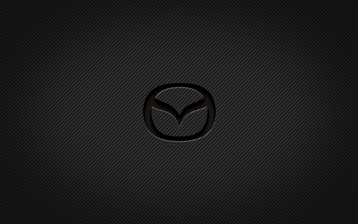 Mazda carbon logo, 4k, grunge art, carbon background, creative, Mazda black logo, cars brands, Mazda logo, Mazda