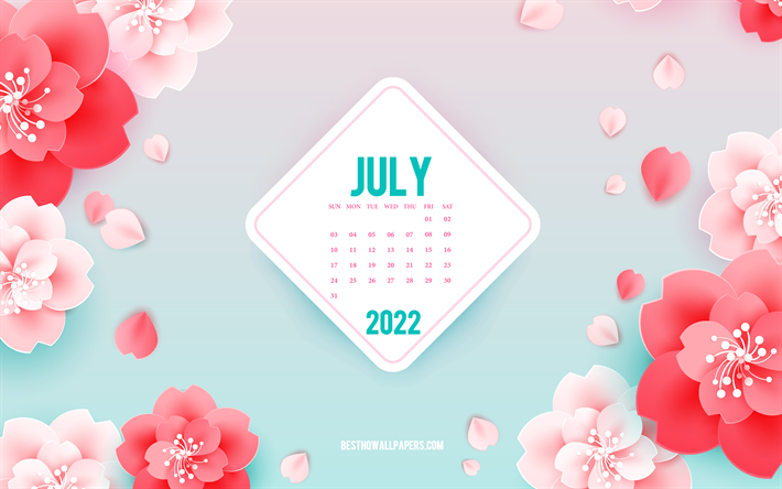 2022年7月のカレンダー, 4k, ピンクの花, 春のアート, 7月, 2022年の夏のカレンダー, 花と夏の背景, 2022年7月カレンダー, 紙の花