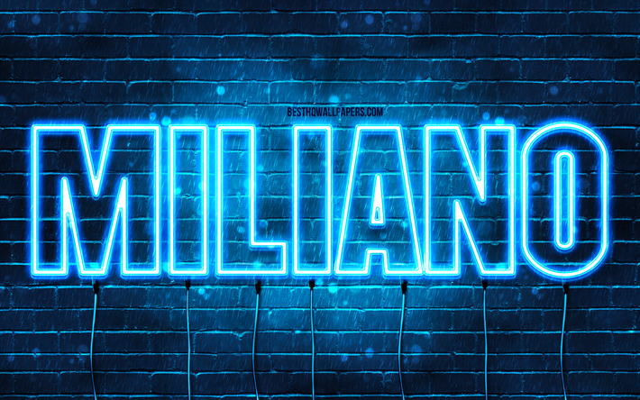 Miliano, 4k, des fonds d&#39;&#233;cran avec des noms, Miliano nom, n&#233;ons bleus, Miliano Anniversaire, Joyeux Anniversaire Miliano, noms masculins italiens populaires, photo avec le nom Miliano