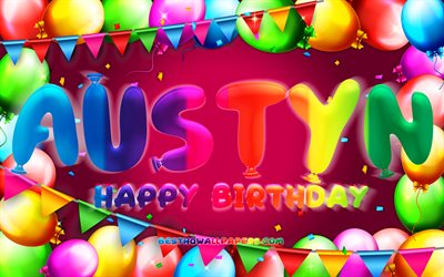 Happy Birthday Austyn, 4k, colorful balloon frame, Austyn name, purple background, Austyn Happy Birthday, Austyn Birthday, popular american female names, Birthday concept, Austyn