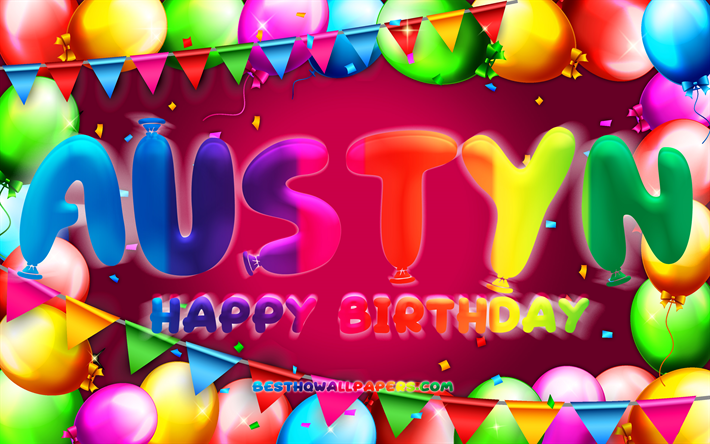 Buon compleanno Austyn, 4k, cornice palloncino colorato, nome Austyn, sfondo viola, buon compleanno Austyn, compleanno di Austyn, nomi femminili americani popolari, concetto di compleanno, Austyn