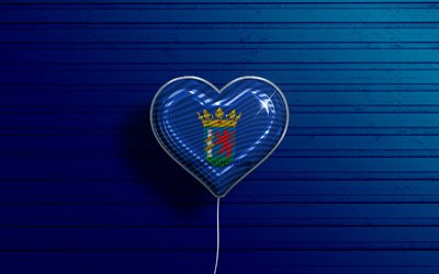I Love Badajoz, 4k, realistic balloons, blue wooden background, Day of Badajoz, spanish provinces, flag of Badajoz, Spain, balloon with flag, Provinces of Spain, Badajoz flag, Badajoz