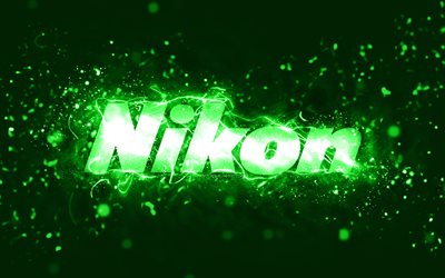 Nikon green logo, 4k, green neon lights, creative, green abstract background, Nikon logo, brands, Nikon