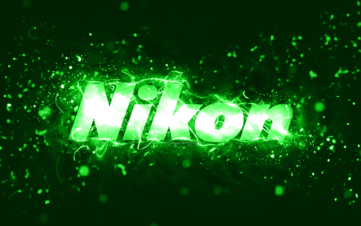 Logo verde Nikon, 4k, luci al neon verdi, sfondo astratto verde creativo, logo Nikon, marchi, Nikon