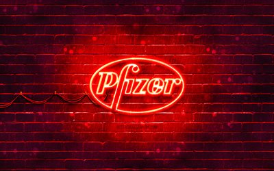 Logo rouge Pfizer, 4k, mur de brique rouge, logo Pfizer, Covid-19, Coronavirus, logo n&#233;on Pfizer, vaccin Covid, Pfizer