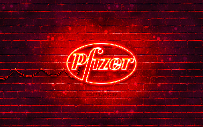Pfizer red logo, 4k, red brickwall, Pfizer logo, Covid-19, Coronavirus, Pfizer neon logo, Covid vaccine, Pfizer
