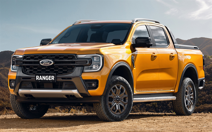 2022, Ford Ranger, Double Cab Wildtrak, front view, exterior, new yellow Ranger, american cars, Ford