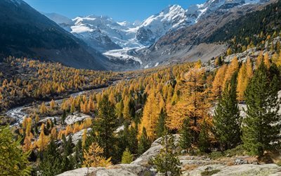 Glacier, mountains, river, mountain landscape, Alps, Graubunden, Switzerland