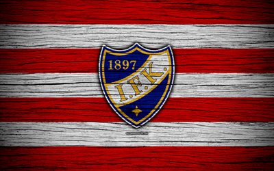 HIFK FC, 4k, Veikkausliiga, clube de futebol, logo, Finland&#234;s Premier Divis&#227;o, Finl&#226;ndia, HIFK, futebol, textura de madeira, FC HIFK