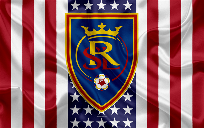 Real Salt Lake FC, 4k, logo, emblem, silk texture, American flag, football club, MLS, Salt Lake City, Utah, USA, Major League Soccer, Western Conference