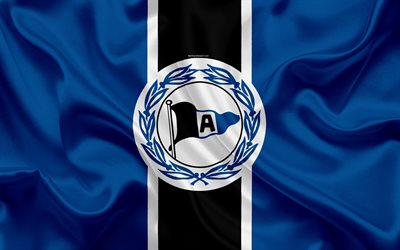 SHOT Arminia Bielefeld, 4k, ipek bayrak, Alman Futbol Kul&#252;b&#252;, logo, amblem, 2 Bundesliga, futbol, Bielefeld, Almanya, İkinci Bundesliga