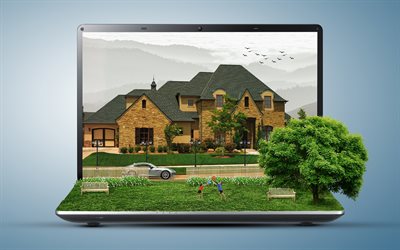 laptop, house, lawn, children, tree, birds