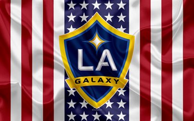 ロサンゼルス銀河FC, ラ銀河, 4k, ロゴ, エンブレム, シルクの質感, アメリカのフラグ, サッカークラブ, MLS, ロサンゼルス, カリフォルニア, 米国, 主要リーグサッカー, 洋会議