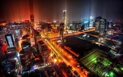 4k, Pechino, paesaggi notturni, strada, edifici moderni, Asia, Cina