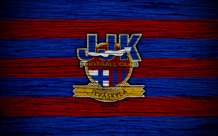 JJK Jyvaskyla FC, 4k, Veikkausliiga, football club, logo, Finnish Premier Division, Finland, JJK Jyvaskyla, football, wooden texture, FC JJK Jyvaskyla