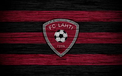 Lahti FC, 4k, Veikkausliiga, football club, logo, Finnish Premier Division, Finland, Lahti, football, wooden texture, FC Lahti