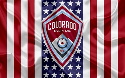 Colorado Rapids, 4k, logo, emblem, silk texture, American flag, football klb, MLS, Denver, Colorado, USA, Major League Soccer, Western Conference