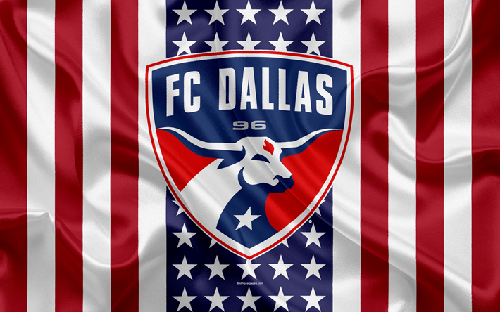 FC Dallas, 4k, شعار, نسيج الحرير, العلم الأمريكي, كرة القدم klb, MLS, دالاس, تكساس, الولايات المتحدة الأمريكية, دوري كرة القدم, الغربي