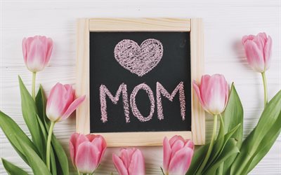 Io amo mia madre, complimenti, cartolina, la festa della Mamma, Giornata Internazionale, tulipani rosa, primavera