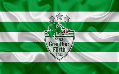 SpVgg Greuther Furth, 4k, الأخضر الحرير الأبيض العلم, الألماني لكرة القدم, شعار, 2 الدوري الالماني, كرة القدم, فورث, ألمانيا, الثانية الالماني, Greuther Furth FC