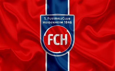 FC Heidenheim 1846, 4k, red silk flag, Tysk fotboll club, logotyp, emblem, Bundesliga 2, fotboll, Heidenheim-Brenz, Tyskland, Andra Bundesliga, FC Heidenheim