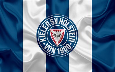 Holstein Kiel FC, 4k, mavi beyaz ipek bayrak, Alman Futbol Kul&#252;b&#252;, logo, amblem, 2 Bundesliga, futbol, Kiel, Almanya, İkinci Bundesliga