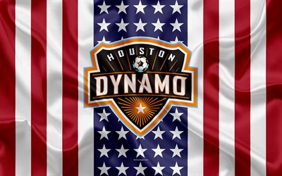 Houston Dynamo, 4k, logo, tunnus, silkki tekstuuri, Amerikan lippu, jalkapallo klb, MLS, Houston, Texas, USA, Major League Soccer, L&#228;ntisen Konferenssin