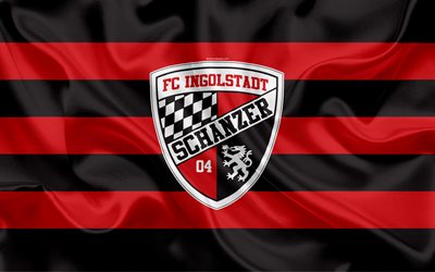 FC Ingolstadt 04, 4k, red black silk flag, German football club, logo, emblem, 2 Bundesliga, football, Ingolstadt, Germany, Second Bundesliga, Ingolstadt FC