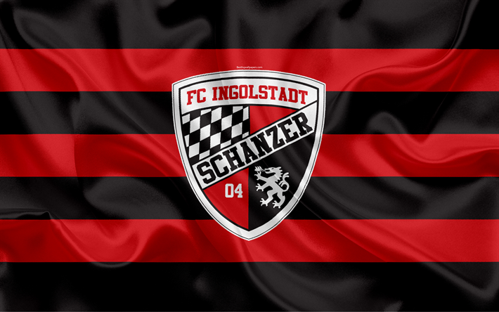 FC Ingolstadt 04, 4k, vermelho preto de seda bandeira, Alem&#227;o clube de futebol, logo, emblema, 2 Bundesliga, futebol, Ingolstadt, Alemanha, Segundo Bundesliga, FC Ingolstadt