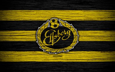Elfsborg FC, 4k, Allsvenskan, futebol, clube de futebol, Su&#233;cia, Elfsborg, emblema, textura de madeira, FC Elfsborg