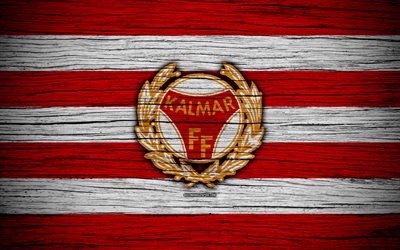 Kalmar FC, 4k, Allsvenskan, soccer, football club, Sweden, Kalmar, emblem, wooden texture, FC Kalmar