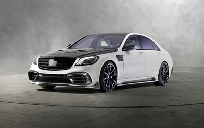 Mercedes-Benz S63 AMG, 2018, Mansory, Signature Edition, exterior, front view, white luxury sedan, tuning S63, W222, black wheels, German cars, Mercedes