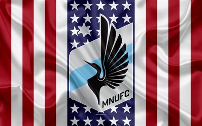 Minnesota United FC, 4k, logo, emblem, silk texture, American flag, football club, MLS, Minneapolis, Minnesota, USA, Major League Soccer, Western conference