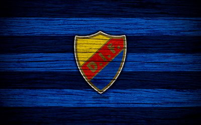 Djurgarden FC, 4k, Allsvenskan, futebol, clube de futebol, Su&#233;cia, Djurgarden, emblema, textura de madeira, FC Djurgarden