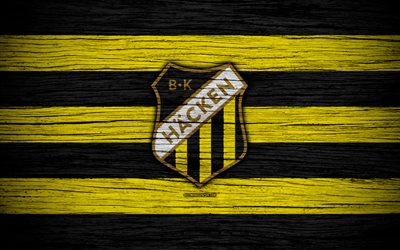 Hacken FC, 4k, Allsvenskan, soccer, football club, Sweden, Hacken, emblem, wooden texture, FC Hacken