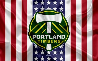 Portland Timbers, 4k, logo, embl&#232;me, soie, texture, drapeau Am&#233;ricain, football klb, MLS, Portland, Oregon, etats-unis, la Major League Soccer, la Conf&#233;rence de l&#39;Ouest
