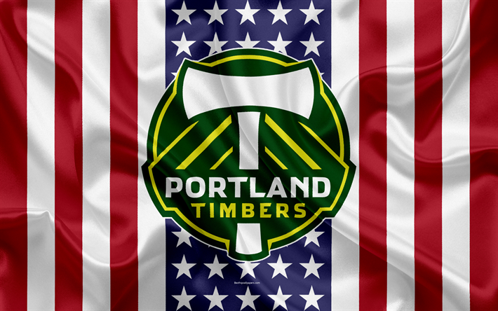 Portland Timbers, 4k, logo, tunnus, silkki tekstuuri, Amerikan lippu, jalkapallo klb, MLS, Portland, Oregon, USA, Major League Soccer, L&#228;ntisen Konferenssin