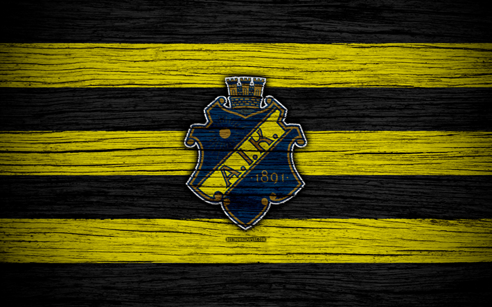 AIK FC, 4k, Allsvenskan, f&#250;tbol, club de f&#250;tbol, Suecia, AIK, emblema de madera, la textura, el FC AIK