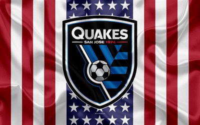 San Jose Earthquakes, 4k, logo, emblem, silk texture, American flag, football club, MLS, San Jose, California, USA, Major League Soccer, Western Conference