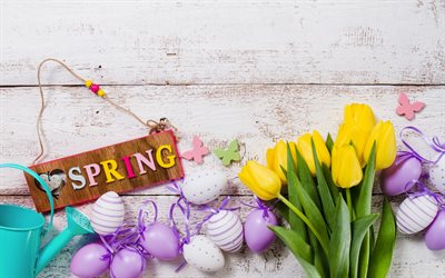 La pascua, primavera conceptos, 2018, ramo de tulipanes amarillos, flores de la primavera, los huevos de pascua, los tulipanes