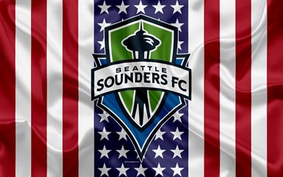 سياتل ساوندرز FC, 4k, شعار, نسيج الحرير, العلم الأمريكي, كرة القدم klb, MLS, سياتل, ولاية واشنطن, الولايات المتحدة الأمريكية, دوري كرة القدم, الغربي
