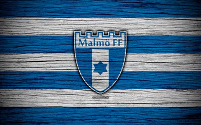 Malmo FC, 4k, Allsvenskan, futebol, clube de futebol, Su&#233;cia, Malmo, emblema, textura de madeira, FC Malm&#246;