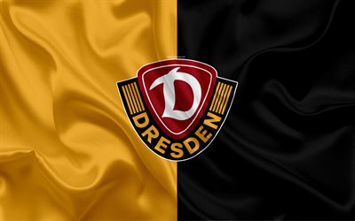 sg dynamo dresden, 4k, gelb schwarz seide-flag, fussball-club, logo, emblem, 2 bundesliga, fussball, dresden, deutschland, zweite bundesliga