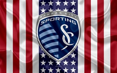 Sporting Kansas City, 4k, logo, tunnus, silkki tekstuuri, Amerikan lippu, football club, MLS, Kansas City, Kansas, USA, Major League Soccer, L&#228;ntisen konferenssin