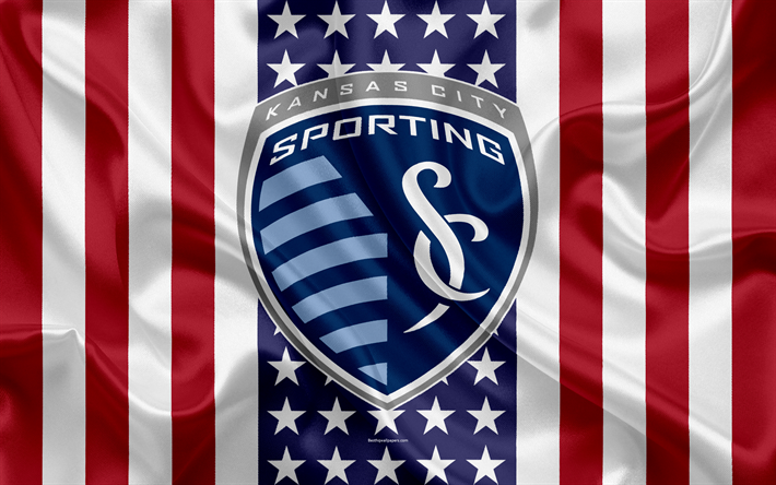 سبورتنج كانساس سيتي, 4k, شعار, نسيج الحرير, العلم الأمريكي, نادي كرة القدم, MLS, كانساس سيتي, كانساس, الولايات المتحدة الأمريكية, دوري كرة القدم, الغربي