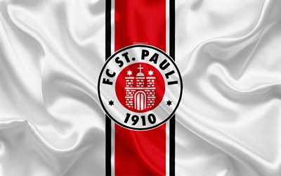 St Pauli FC, 4k, di seta bianca, bandiera, squadra di calcio tedesca, logo, stemma, 2 Bundesliga, calcio, Amburgo, Germania, Seconda Bundesliga