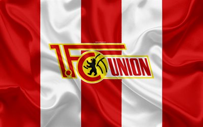 FC Union Berlin, 4k, r&#246;d vit silk flag, Tysk fotboll club, logotyp, emblem, Bundesliga 2, fotboll, Berlin, Tyskland, Andra Bundesliga