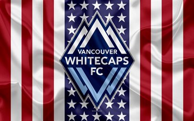 Vancouver Whitecaps FC, 4k, logo, emblem, silk texture, American flag, football club, MLS, Vancouver, Canada, USA, Major League Soccer, Western Conference